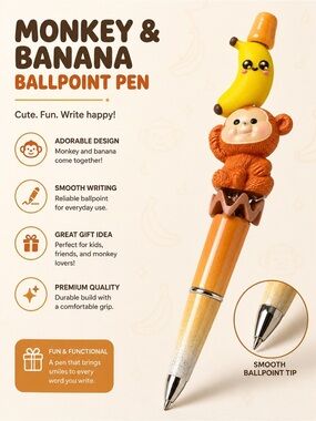 Hand Crafted Orange Monkey & Yellow Banana Novelty Pen
